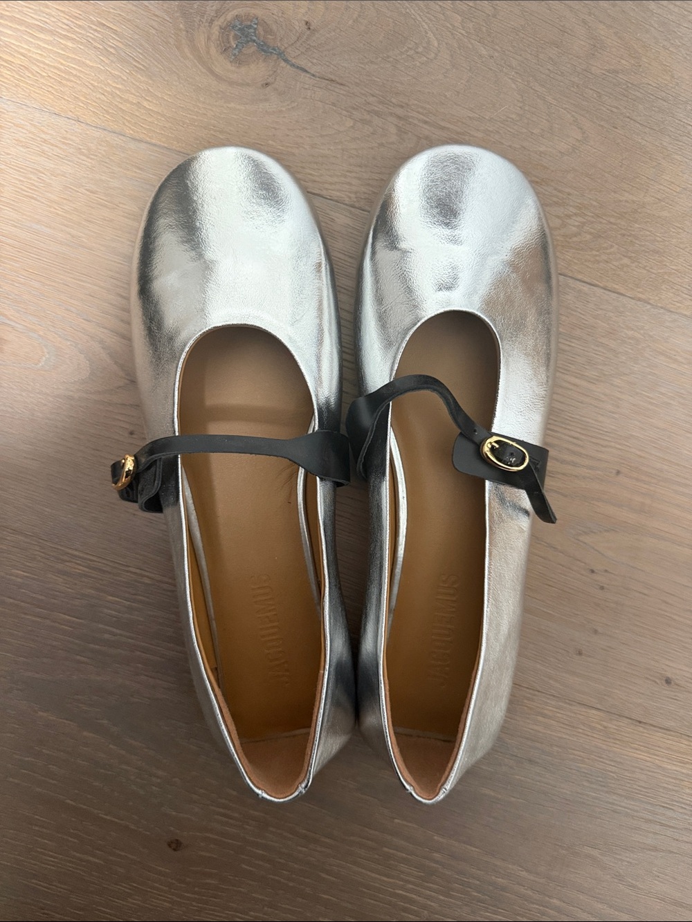 Jacquemus Metallic Silver Mary Jane Flats with Black Strap